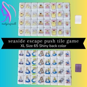 May include: Two sets of 65 large, white, square tiles with colourful images. The first set features a cartoon dog with different phrases on each tile. The second set features a cartoon character from Alice in Wonderland. The text on the image reads "seaside escape push tile game XL Size 65 Shiny back colour".