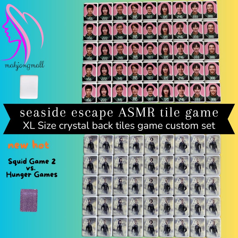 May include: A set of 36 custom mahjong tiles with a crystal back. The tiles feature images of characters from the Squid Game and Hunger Games television series. The tiles are arranged in a grid pattern on a pink and yellow background. The text "seaside escape ASMR tile game XL Size crystal back tiles game custom set" is displayed below the tiles. The text "new hot" is displayed above the tiles. The text "Squid Game 2 vs. Hunger Games" is displayed below the tiles.