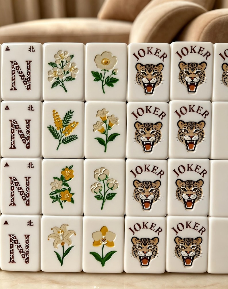May include: A set of rectangular white mahjong tiles arranged in a grid. The tiles feature various designs including the letter N with a leopard print pattern, diverse floral illustrations in green, yellow, and white, and a leopard face with the text JOKER.