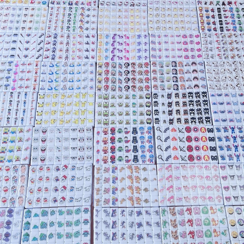 May include: A collection of 100 white square tiles with colorful cartoon images. The tiles are arranged in a grid pattern. The images include characters from popular cartoons, video games, and anime.
