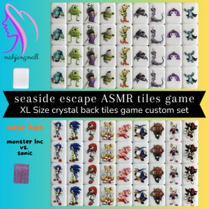 May include: A set of 144 white ceramic tiles with colorful images of characters from the animated films Monster Inc. and Sonic the Hedgehog. The tiles are arranged in a grid pattern and are labeled "seaside escape ASMR tiles game XL Size crystal back tiles game custom set".
