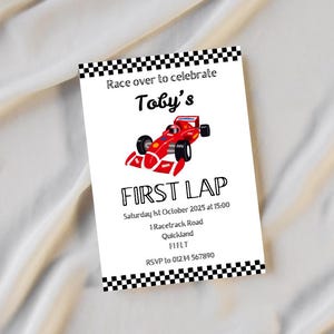 First Lap 1st Birthday Party Invites. Customisable F1 digital invites for Childs&#39; first birthday. Digital template invitations.