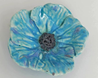 Clay Essential Oil Diffuser Blue Bell and  White Poppy Flower Bowl Yellow Center