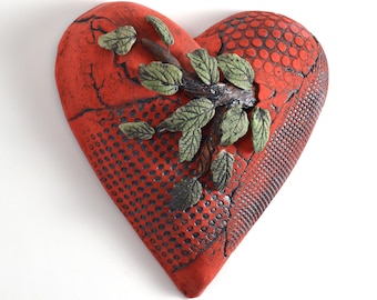 MADE TO ORDER Ceramic Heart wall art, Ceramic Heart Wall Decor Sculpture Art Love Grows Ivy leaves and branch