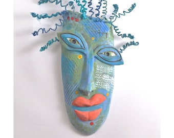 Whimsical Tribal Primitive Boho Ceramic Mask Wall Art Sculpture African Inspired Mixed Media  Primitive Colorful Whimsical Clay Home Decor
