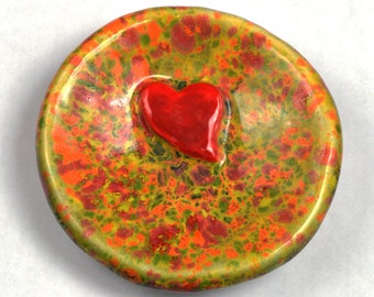 Ceramic Heart Ring Dish Red Unique Red Orange Green Yellow glaze Ring holder, mothers day gift, candy dish