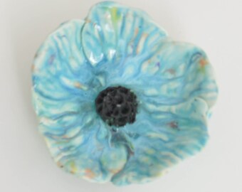 Clay Essential Oil Diffuser Blue Bell and  turquoise Poppy Flower Bowl black Center