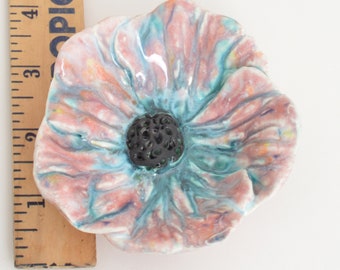 Clay Essential Oil Diffuser PINK WITH Turquoise Poppy Flower Bowl Black Center