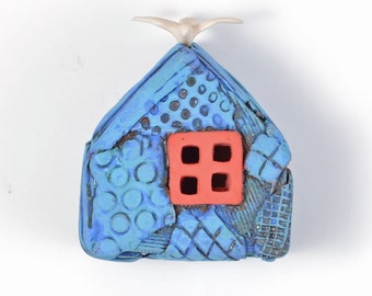 Blue Bird house with red window Bird House Spirit House Prayer house Ceramic Wall Sculpture