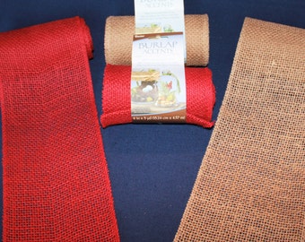 BURLAP RIBBON ~ 4 PACK of 6 Inch Wide Rolled Edged Burlap Ribbon, 20 Yards or 60 Feet, Red or Beige Rustic Ribbon Free Shipping