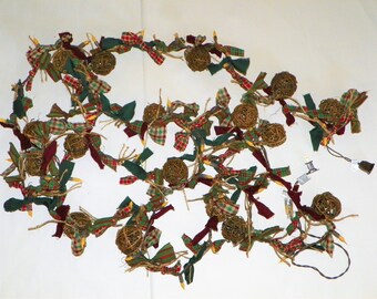 Christmas Garland (2 Available) 50 Silicone Bulbs on Brown Wire w/ Grapevine Balls and Homespun 16 Ft Lighted Indoor/Outdoor Electric Lights
