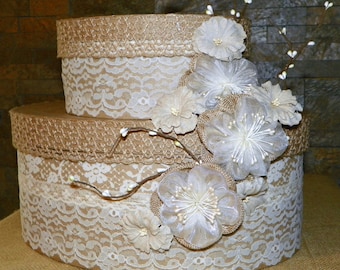 Wedding Card Box, Burlap Flowers, Lace and Ribbons Cover this Tierd Cake Oval Box Set 11 1/2 High x 13 Long, Use for the Shower then Wedding