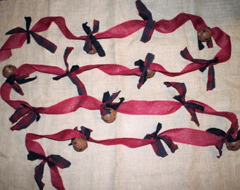 Red and Black Burlap Garland (11 Available) 14 Feet Long FREE SHIPPPING Red Garland and Rusty Bells & Homespun