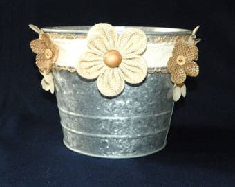 Rustic Wedding 6 Inch Metal Bucket in Grey Galvanized with Wood Centered Burlap Flowers, Just add Potted Plants for a Beautiful Centerpiece