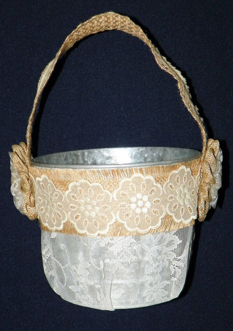 Covered with Lace and Burlap Flower Girl Basket in Grey Galvanized Covered with Lace a 6 Inch Metal Bucket Perfect for Rose Petals