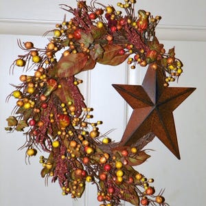 Harvest Wreath with Folk Art Metal Star, Berries Gourds on a Birch Branch Base 20&quot; Round Wreath Perfect for Your Entrance Living Room Dining
