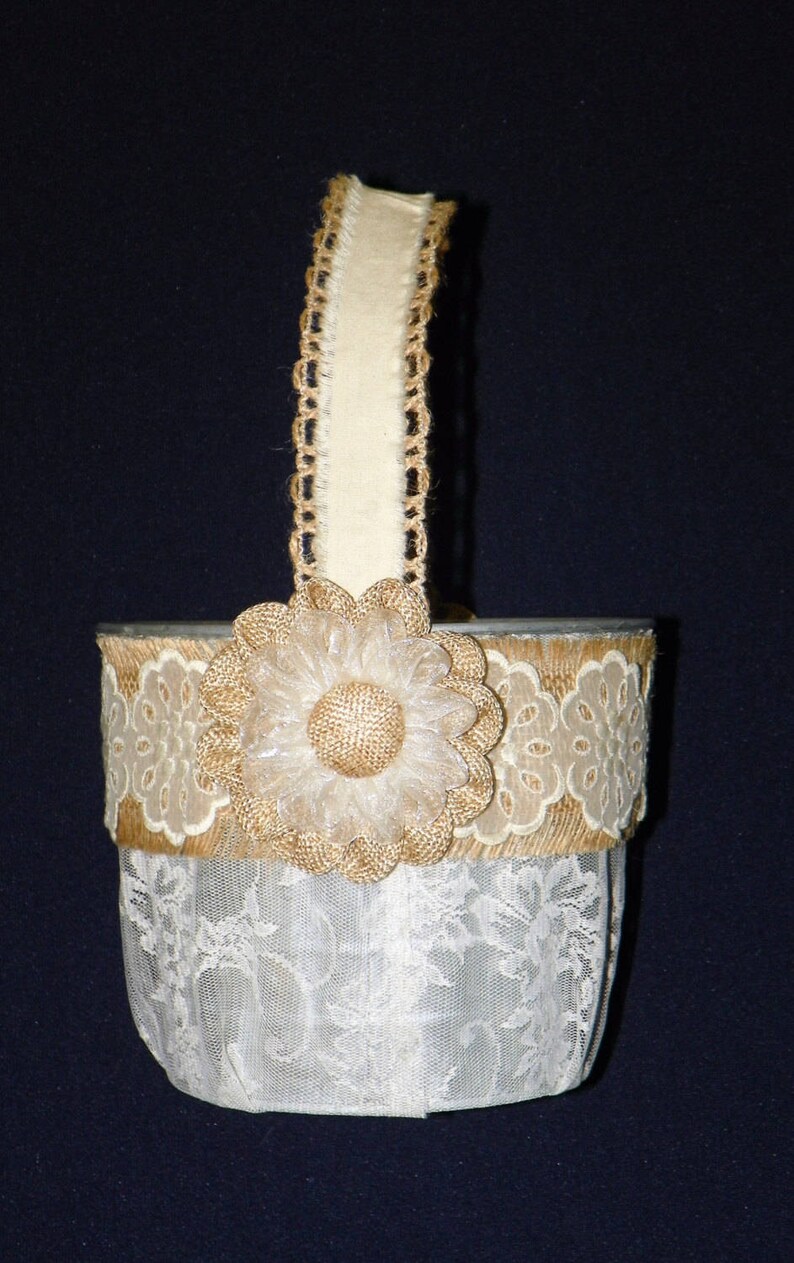 Covered with Lace and Burlap Flower Girl Basket in Grey Galvanized Covered with Lace a 6 Inch Metal Bucket Perfect for Rose Petals