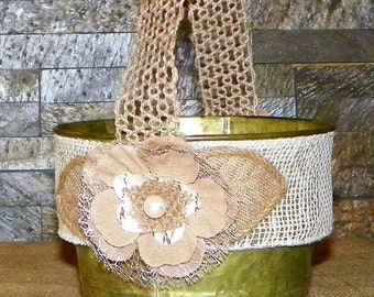 Flower Girl Basket in Green Patina 6 Inch Metal Bucket, Use for the Wedding, then add Potted Flowers, Organizer, Caddy, Hand Towels