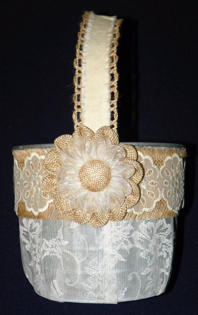 Covered with Lace and Burlap Flower Girl Basket in Grey Galvanized Covered with Lace a 6 Inch Metal Bucket Perfect for Rose Petals