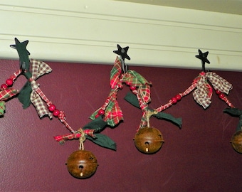 Garland 15 Feet of Hand-tied Garland (15 Available) Rusty Bells w/ Burgundy Beads 15 Bells 65 mm Metal Bells w/ Homespun and Wood Beads