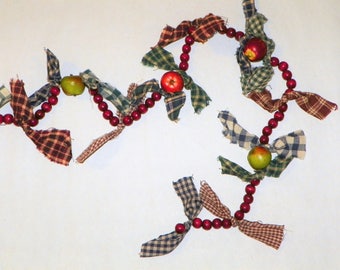 Handmade Homespun Garland, (2 Available) 24 1/3 or 26 Feet of Hand-tied Garland Burgundy Beads Homespun & Styrofoam Apples, FREE SHIPPING