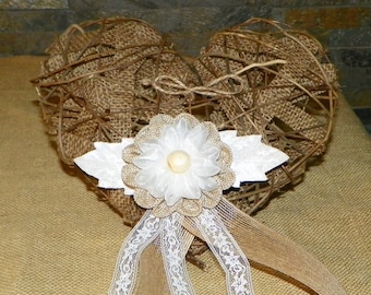 Ring Bearer Burlap Wedding Heart Decorated with Burlap, Burlap Flowers and Twine for the Rings,