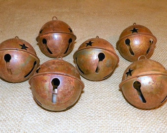 RUSTY BELLS Set of 6 Bells with Star Cutouts, 65MM or 2 1/2 Inch Rusty Metal Primitive Bell with Star Cutouts, Free Shipping