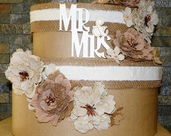 Wedding Card Box, Burlap Flowers, Lace and Ribbons Cover this Tierd Cake Oval Box Set 15" High x 15" Long, Use for the Shower then Wedding