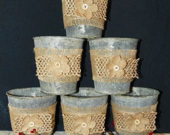 Metal Flower Pots with Burlap Flowers and Ribbon, SET of 6 Grey Galvanized Metal 4 1/2" Buckets, Just add Potted Flowers