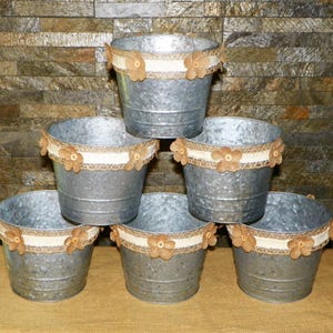 Metal Buckets, Large 6&quot; High by 7 1/4&quot; Wide Grey Galvanized Metal Pails, Set of 6 Burlap Ribbon / Flowers, Add Potted Flowers, Centerpieces