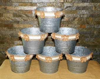 Metal Buckets, Large 6" High by 7 1/4" Wide Grey Galvanized Metal Pails, Set of 6 Burlap Ribbon / Flowers, Add Potted Flowers, Centerpieces