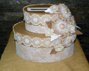 Wedding Card Box, Burlap Flowers, Lace and Ribbons Cover this Tierd Cake Oval Box Set 11 1/2 High x 13 Long, Use for the Shower then Wedding