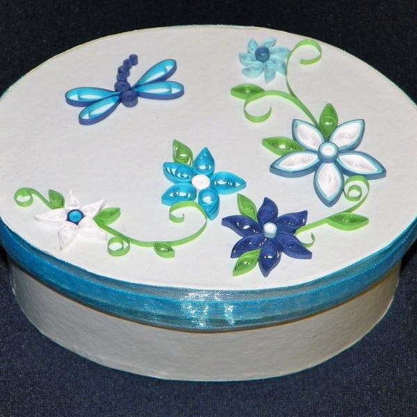 Quilled Keepsake Box 6 1/2" Long by 4 3/4" Wide with , Flowers, Dragonfly, Gift Box, Hairbows, Jewelry, Photos, Decoration, Free Shipping