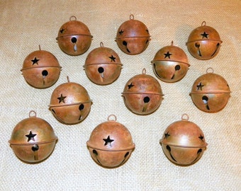 RUSTY BELLS Set of 12 Bells 65 MM with Star Cutouts, 65MM or 2 1/2 Inch Rusty Metal Primitive Bell with Star Cutouts