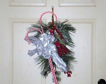 Candy Cane Door Swag 32" Long by 14" Wide, Twisted Candy Canes with Silver Bow, Berries, Iced Pine, Entrance Door