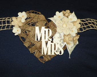 Wedding Swag Mr & Mrs. Burlap 9 Ft Grapevine Heart with Lace, Burlap and Linen Flowers Backdrop for Wedding, Swag Bride and Groom Free Ship