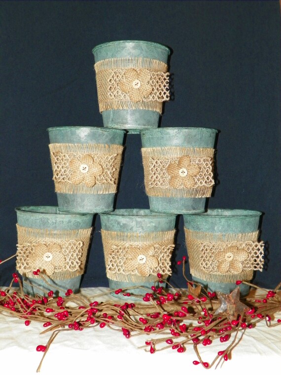 Metal Flower Pots With Burlap Flowers And Ribbon Set Of 6 Etsy