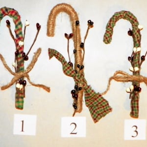 Homespun or Jute Covered Candy Cane Ornaments, Set of 3, Great Ornaments, Add to Wreaths, Garlands or Hang, Choice of Colors