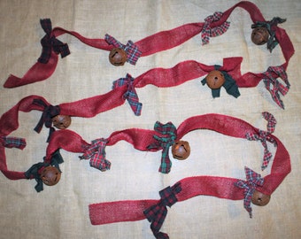 Rusty Bell Garland (12 Available) Red Burlap Garland 14 Ft Long FREE SHIPPING Mixed Red, Green and Holiday Colored Homespun and Rusty Bells