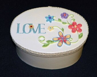Quill Love Keepsake Box 6 1/2" Long by 4 3/4" Wide with, Quilled Flowers,  Love Sticker, Gift Box, Hairbows, Jewelry, Photos, Decoration