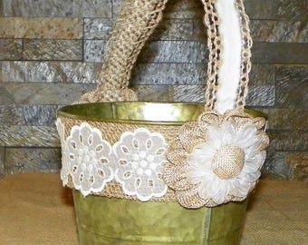 Flower Girl Metal Bucket, a Rustic Basket in Green Patina 6 Inch Metal Bucket with Burlap Flowers