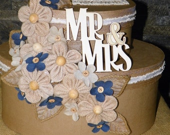 Mr. & Mrs. Wedding Card Box, Burlap and Denim Flowers, Leaves and Ribbons Drape a Tierd Oval Box Set 11 1/2 x 13 x 9  From Shower to Wedding