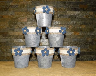 Galvanized Metal 4 1/2 Inch Buckets, SET of 6 Denim Flowers, Burlap Decorated Grey Just add Potted Flowers, Great Centerpieces, Weddings