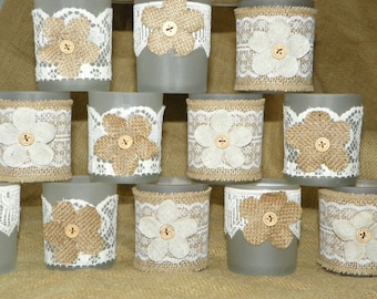 SAMPLE Votive Candle or Tealight Holders Frosted Votive with Burlap Linen Flowers Lace and Burlap, Wedding Decorations, Favors Thank You's