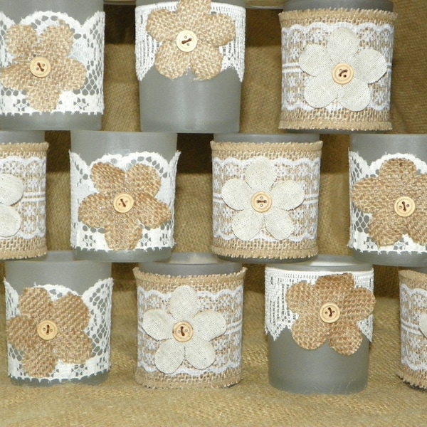 SAMPLE Votive Candle or Tealight Holders Frosted Votive with Burlap Linen Flowers Lace and Burlap, Wedding Decorations, Favors Thank You's