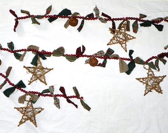 Grapevine Star Garland (12 Available) Hand-tied 8 Foot Garland Burgundy Wood Beaded Garland w/ Rusty Bells and Grapevine Stars FREE SHIPPING