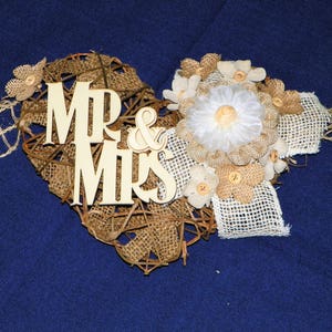 Wedding Swag of Mr & Mrs. Burlap 6 Ft Grapevine Heart with Lace, Burlap and Linen Flowers Backdrop for Wedding, Swag, Banner Bride and Groom