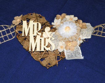 Wedding Swag of Mr & Mrs. Burlap 6 Ft Grapevine Heart with Lace, Burlap and Linen Flowers Backdrop for Wedding, Swag, Banner Bride and Groom