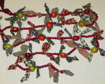 Handmade Homespun Garland (3 Available) 8 1/4 to 15 Feet of Hand-tied Garland w/ Burgundy Beads, Homespun Fabric & Apples, FREE SHIPPING