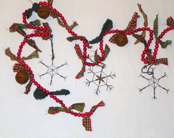 Garland with Red Wood Beads (1 Available) Rusty Bells & Rusty Snowflakes 8 Feet Long, For Trees, Mantels, Doorways, Banisters, Free Shipping